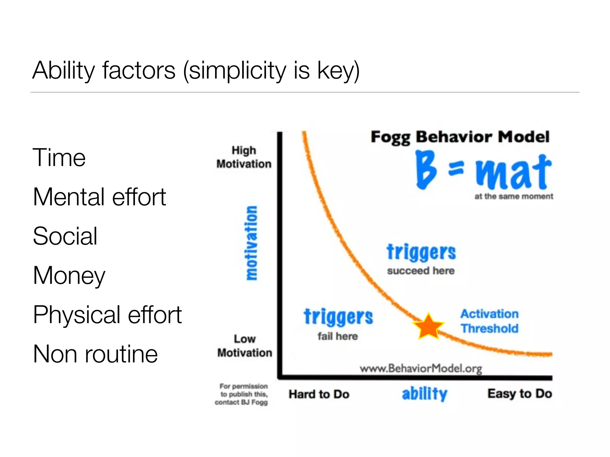 Ability factors (simplicity is key)


Time
Mental effort
Social
Money
Physical effort
Non routine
 