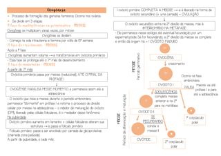 Ovogênese
• Processo de formação dos gametas femininos. Ocorre nos ovários
• Se divide em 3 etapas:
1) Fase de multiplicação ou germinativa - MITOSE
Ovogônias se multiplicam várias vezes, por mitose
Ovogônias se dividem
- Começa na vida intrauterina e termina por volta da 15ª semana
2) Fase do crescimento - MITOSE
Após a 1ª fase
Ovogônias aumentam volume → e transforma-se em ovócitos primários
- Essa fase se prolonga até o 7º mês de desenvolvimento
3) Fase de maturação - MEIOSE
A partir do 7º mês:
Ovócitos primários passa por meiose (reducional), ATÉ O FINAL DA
PRÓFASE I
↓
OVOGÊNSE PARALISA NESSE MOMENTO e permanece assim até a
adolescência.
- O ovócito que inicia a meiose durante o período embrionário,
permanece “dormente” em prófase I e retoma o processo de divisão
celular por meiose na adolescência – o inibidor de maturação do ovócito
(OMI), liberado pelas células foliculares, é o mediador desse fenômeno
Na puberdade:
Ovócito primário aumenta em tamanho + células foliculares alteram sua
estrutura → e passa a folículo primário
- Folículo primário: passa a ser envolvido por camada de glicoproteínas
(chamada zona pelúcida)
A partir da puberdade, a cada mês
1 ovócito primário COMPLETA A MEIOSE → e é liberado na forma de
ovócito secundário (+ uma camada) = OVULAÇÃO
↓
O ovócito secundário entra na 2ª divisão da meiose, mas é
INTERROMPIDO NA METÁFASE
- Ele permanece nesse estágio até eventual fecundação por um
espermatozoide. Se for fecundando, a 2ª divisão da meiose se completa
e então dá origem há = 1 OVÓCITO MADURO
2n
2n
Período
germinativo
MITOSE
OVOGÔNIA
OVÓCITO I
crescimento
n
Período
de
diferenciação
e
maturação
MEIOSE
meiose vai até
prófase I e para
até a adolescência
SE
FECUNDANDO
conclui a
meiose II
OVÓCITO II
OVÓTIDE
Ocorre na fase
embrionária
PAUSA
ADOLESCÊNCIA:
completa meiose
anterior e na 2ª
para na metáfase
1º corpúsculo
polar
n
2º corpúsculo
polar
 