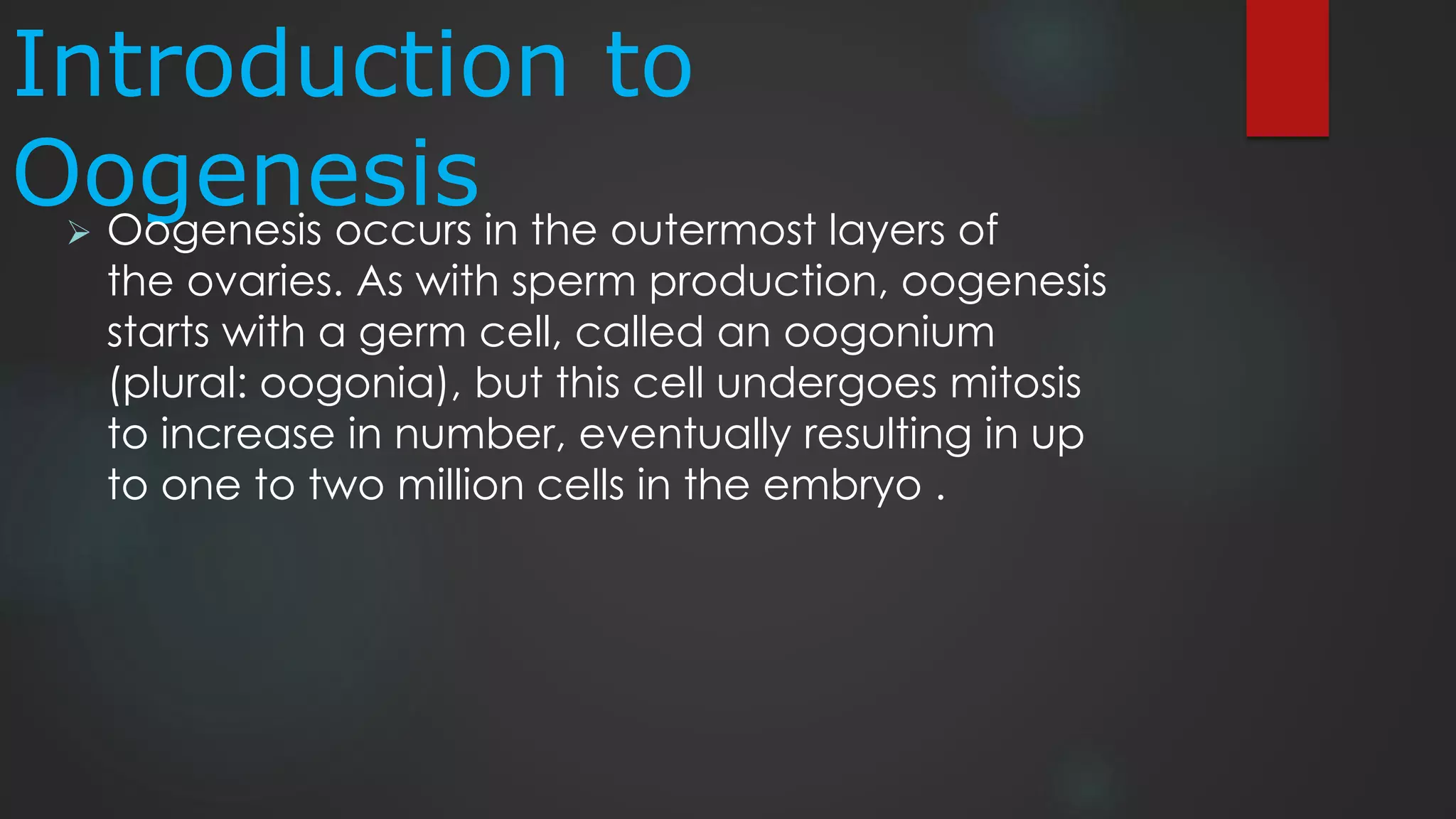 Introduction to
Oogenesis Oogenesis occurs in the outermost layers of
the ovaries. As with sperm production, oogenesis
starts with a germ cell, called an oogonium
(plural: oogonia), but this cell undergoes mitosis
to increase in number, eventually resulting in up
to one to two million cells in the embryo .
 