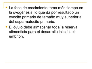  La fase de crecimiento toma más tiempo en
la ovogénesis, lo que da por resultado un
ovocito primario de tamaño muy superior al
del espermatocito primario.
 El óvulo debe almacenar toda la reserva
alimenticia para el desarrollo inicial del
embrión.
 