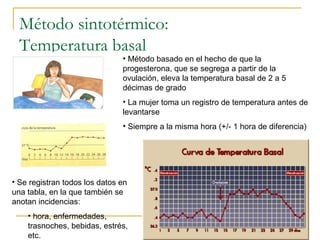 Método sintotérmico:
Temperatura basal
• Método basado en el hecho de que la
progesterona, que se segrega a partir de la
ovulación, eleva la temperatura basal de 2 a 5
décimas de grado
• La mujer toma un registro de temperatura antes de
levantarse
• Siempre a la misma hora (+/- 1 hora de diferencia)
• Se registran todos los datos en
una tabla, en la que también se
anotan incidencias:
• hora, enfermedades,
trasnoches, bebidas, estrés,
etc.
 