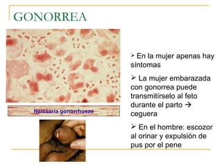 GONORREA
Neisseria gonorrhoeae
 En la mujer apenas hay
síntomas
 La mujer embarazada
con gonorrea puede
transmitírselo al feto
durante el parto 
ceguera
 En el hombre: escozor
al orinar y expulsión de
pus por el pene
 
