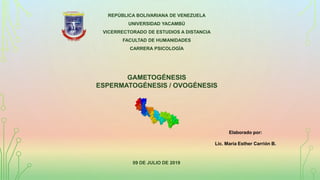 REPÚBLICA BOLIVARIANA DE VENEZUELA
UNIVERSIDAD YACAMBÚ
VICERRECTORADO DE ESTUDIOS A DISTANCIA
FACULTAD DE HUMANIDADES
CARRERA PSICOLOGÍA
09 DE JULIO DE 2019
GAMETOGÉNESIS
ESPERMATOGÉNESIS / OVOGÉNESIS
Elaborado por:
Lic. María Esther Carrión B.
 