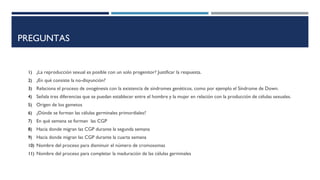 PREGUNTAS
1) ¿La reproducción sexual es posible con un solo progenitor? Justificar la respuesta.
2) ¿En qué consiste la no-disyunción?
3) Relaciona el proceso de ovogénesis con la existencia de síndromes genéticos, como por ejemplo el Síndrome de Down.
4) Señala tres diferencias que se puedan establecer entre el hombre y la mujer en relación con la producción de células sexuales.
5) Origen de los gametos
6) ¿Dónde se forman las células germinales primordiales?
7) En qué semana se forman las CGP
8) Hacia donde migran las CGP durante la segunda semana
9) Hacia donde migran las CGP durante la cuarta semana
10) Nombre del proceso para disminuir el número de cromosomas
11) Nombre del proceso para completar la maduración de las células germinales
 