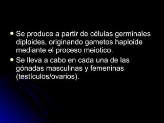  Se  produce a partir de células germinales
  diploides, originando gametos haploide
  mediante el proceso meiotico.
 Se lleva a cabo en cada una de las
  gónadas masculinas y femeninas
  (testículos/ovarios).
 