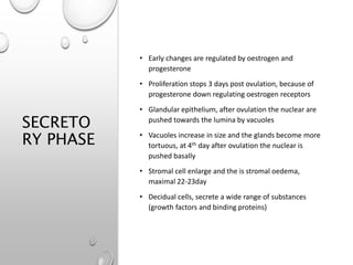 SECRETO
RY PHASE
• Early changes are regulated by oestrogen and
progesterone
• Proliferation stops 3 days post ovulation, because of
progesterone down regulating oestrogen receptors
• Glandular epithelium, after ovulation the nuclear are
pushed towards the lumina by vacuoles
• Vacuoles increase in size and the glands become more
tortuous, at 4th day after ovulation the nuclear is
pushed basally
• Stromal cell enlarge and the is stromal oedema,
maximal 22-23day
• Decidual cells, secrete a wide range of substances
(growth factors and binding proteins)
 