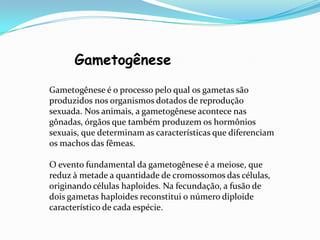 Gametogênese
Gametogênese é o processo pelo qual os gametas são
produzidos nos organismos dotados de reprodução
sexuada. Nos animais, a gametogênese acontece nas
gônadas, órgãos que também produzem os hormônios
sexuais, que determinam as características que diferenciam
os machos das fêmeas.
O evento fundamental da gametogênese é a meiose, que
reduz à metade a quantidade de cromossomos das células,
originando células haploides. Na fecundação, a fusão de
dois gametas haploides reconstitui o número diploide
característico de cada espécie.

 