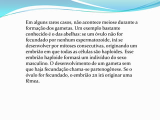 Em alguns raros casos, não acontece meiose durante a
formação dos gametas. Um exemplo bastante
conhecido é o das abelhas: se um óvulo não for
fecundado por nenhum espermatozoide, irá se
desenvolver por mitoses consecutivas, originando um
embrião em que todas as células são haploides. Esse
embrião haploide formará um indivíduo do sexo
masculino. O desenvolvimento de um gameta sem
que haja fecundação chama-se partenogênese. Se o
óvulo for fecundado, o embrião 2n irá originar uma
fêmea.

 