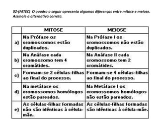 02-(FATEC) O quadro a seguir apresenta algumas diferenças entre mitose e meiose.
Assinale a alternativa correta.
 