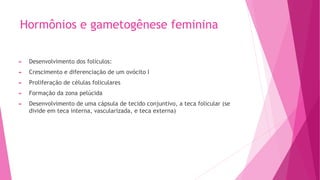 Hormônios e gametogênese feminina
► Desenvolvimento dos folículos:
► Crescimento e diferenciação de um ovócito I
► Proliferação de células foliculares
► Formação da zona pelúcida
► Desenvolvimento de uma cápsula de tecido conjuntivo, a teca folicular (se
divide em teca interna, vascularizada, e teca externa)
 