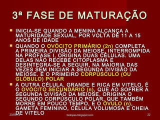 23/05/1323/05/13 biolopes.blogspot.combiolopes.blogspot.com 2222
3ª FASE DE MATURAÇÃO3ª FASE DE MATURAÇÃO
 INICIA-SE QUANDO A MENINA ALCANÇA AINICIA-SE QUANDO A MENINA ALCANÇA A
MATURIDADE SEXUAL, POR VOLTA DE 11 A 15MATURIDADE SEXUAL, POR VOLTA DE 11 A 15
ANOS DE IDADEANOS DE IDADE
 QUANDO OQUANDO O OVÓCITO PRIMÁRIO (2n)OVÓCITO PRIMÁRIO (2n) COMPLETACOMPLETA
A PRIMEIRA DIVISÃO DA MEIOSE, INTERROMPIDAA PRIMEIRA DIVISÃO DA MEIOSE, INTERROMPIDA
NA PRÓFASE I, ORIGINA DUAS CÉLULAS. UMANA PRÓFASE I, ORIGINA DUAS CÉLULAS. UMA
DELAS NÃO RECEBE CITOPLASMA EDELAS NÃO RECEBE CITOPLASMA E
DESINTEGRA-SE A SEGUIR, NA MAIORIA DASDESINTEGRA-SE A SEGUIR, NA MAIORIA DAS
VEZES SEM INICIAR A SEGUNDA DIVISÃO DAVEZES SEM INICIAR A SEGUNDA DIVISÃO DA
MEIOSE. É O PRIMEIROMEIOSE. É O PRIMEIRO CORPÚSCULO (OUCORPÚSCULO (OU
GLÓBULO) POLARGLÓBULO) POLAR
 A OUTRA CÉLULA, GRANDE E RICA EM VITELO, ÉA OUTRA CÉLULA, GRANDE E RICA EM VITELO, É
OO OVÓCITO SECUNDÁRIO (n)OVÓCITO SECUNDÁRIO (n) , QUE AO SOFRER A, QUE AO SOFRER A
SEGUNDA DIVISÃO DA MEIOSE, ORIGINA OSEGUNDA DIVISÃO DA MEIOSE, ORIGINA O
SEGUNDO CORPÚSCULO POLAR, QUE TAMBÉMSEGUNDO CORPÚSCULO POLAR, QUE TAMBÉM
MORRE EM POUCO TEMPO, E OMORRE EM POUCO TEMPO, E O ÓVULO (n)ÓVULO (n),,
GAMETA FEMININO, CÉLULA VOLUMOSA E CHEIAGAMETA FEMININO, CÉLULA VOLUMOSA E CHEIA
DE VITELODE VITELO
 