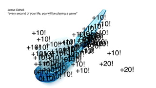 Jesse Schell
“every second of your life, you will be playing a game”
                                     +10!
                                       +10!
                                    +10!
                                  +10!
               +10!              +10! +10!
                              +10! +10!
                                   +10!
                                 +10!
                                    +10!
                 +10!             +10!
                                    +10!
                                +10 +10!
                                  +10!
                                  +10!
                                +10! +10!
                     +10!  +10! +10! +10!
                                  +10!
                          +10! +10!+10!
              +10! +10!+10! ! +10!
                +10!              +10
                                   +10!
                           +10! +10!
                            +10!
                  +10! +10!
               +10! +10! +10! !
                           +10!
                   +10! +10! +10!         +10!
                +10!+10! +10!
                         +10!
                     +10!
                    +10!
                +1 +10! +10!
                 +10!+10!               +20!
                        +10! +10!
                  +1 +10!
                    +10!                     +20!
                 +10! +10!
                0!        +10!
                      +10!
                   +10!
                  0!
 