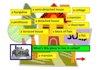 a semi-detached house                 a cottage
a bungalow
                                            a mansion
a penthouse        a detached house
                                             a skyscraper

      a terraced house           a block of flats
                                                        a flat


               What‘s this place to live in called?

               1     a mansion
 