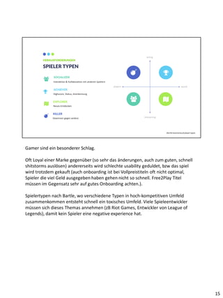Interaktion & Kollaboration mit anderen Spielern
SOCIALIZER
SPIELER TYPEN
HERAUSFORDERUNGEN
Gewinnen gegen andere
KILLER
Neues Entdecken
EXPLORER
acting
interacting
worldplayers
Bartletaxonomyof playertypes
Highscore, Status, Anerkennung
ACHIEVER
Gamer sind ein besonderer Schlag.
Oft Loyal einer Marke gegenüber (so sehr das änderungen, auch zum guten, schnell
shitstorms auslösen) andererseits wird schlechte usability geduldet, bzw das spiel
wird trotzdem gekauft (auch onboarding ist bei Vollpreistiteln oft nicht optimal,
Spieler die viel Geld ausgegeben haben gehen nicht so schnell. Free2Play Titel
müssen im Gegensatz sehr auf gutes Onboarding achten.).
Spielertypen nach Bartle, wo verschiedene Typen in hoch-kompetitiven Umfeld
zusammenkommen entsteht schnell ein toxisches Umfeld. Viele Spieleentwickler
müssen sich dieses Themas annehmen (zB Riot Games, Entwickler von League of
Legends), damit kein Spieler eine negative experience hat.
15
 