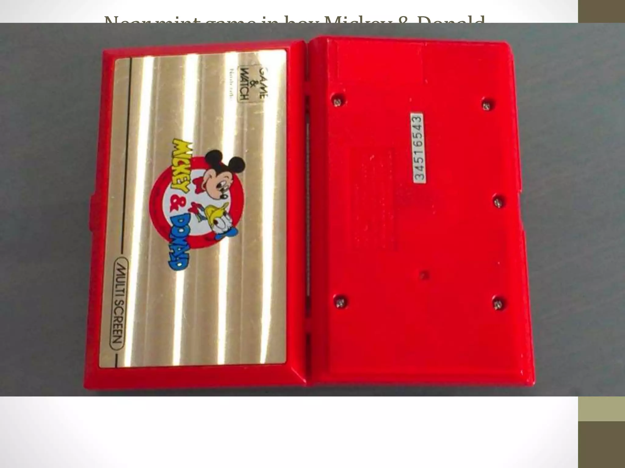 NearmintgameinboxMickey&Donald
IncludesshippingbyFEDEXaircourierwithtracking.Thegame,foam,instructions,cautionsheet,,
howtoplaysheet,warningsheetare inverygoodcondition.Boxhasallitssideflaps.
 