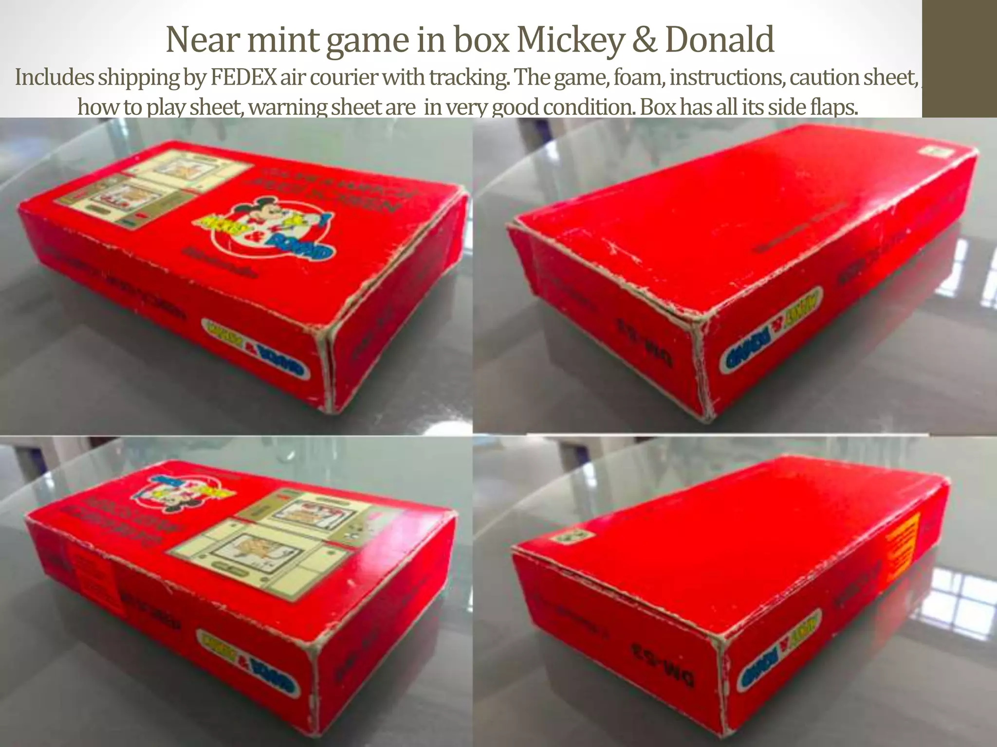 NearmintgameinboxMickey&Donald
IncludesshippingbyFEDEXaircourierwithtracking.Thegame,foam,instructions,cautionsheet,,
howtoplaysheet,warningsheetare inverygoodcondition.Boxhasallitssideflaps.
 