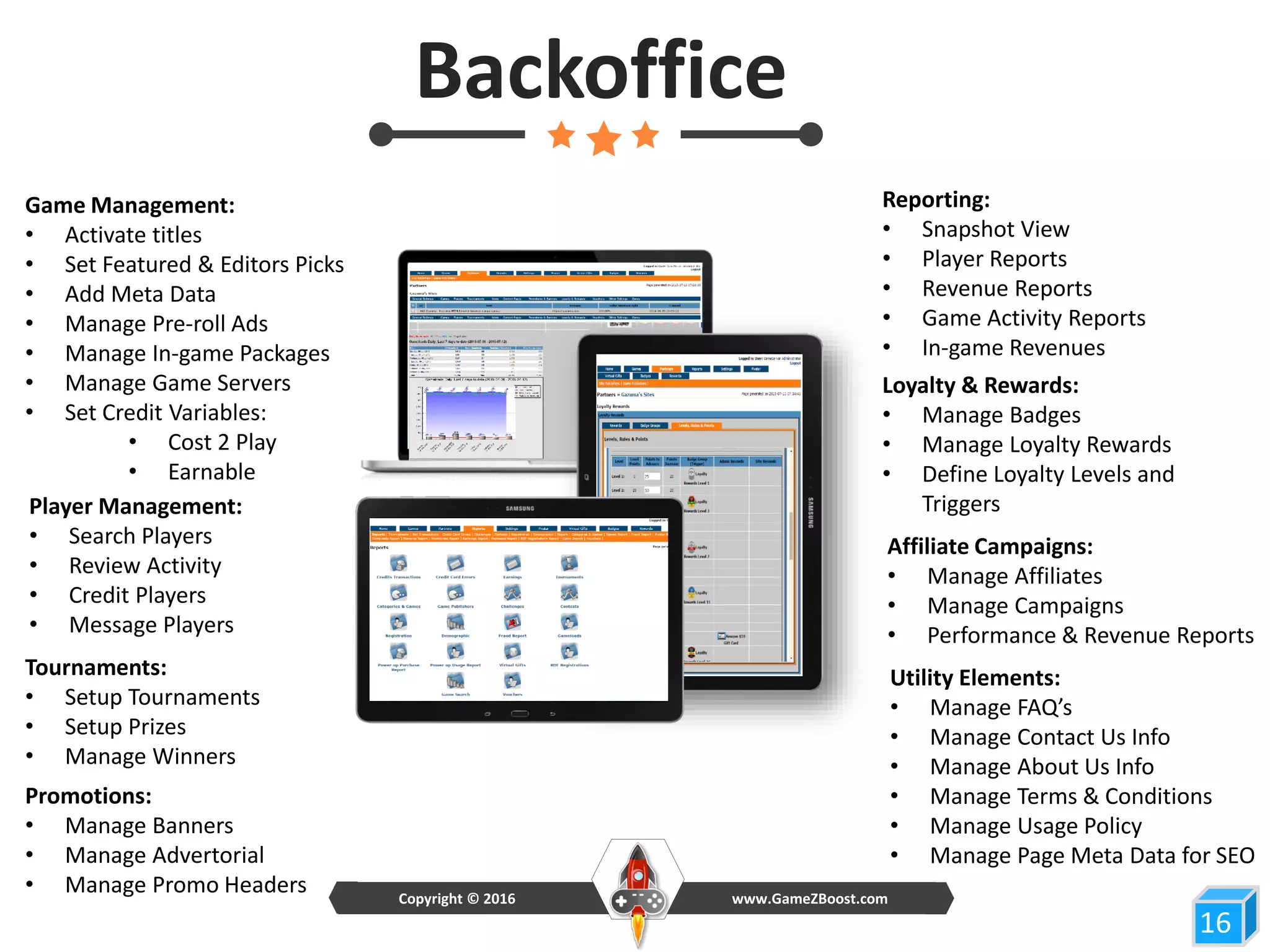Player Management:
• Search Players
• Review Activity
• Credit Players
• Message Players
16
Backoffice
Game Management:
• Activate titles
• Set Featured & Editors Picks
• Add Meta Data
• Manage Pre-roll Ads
• Manage In-game Packages
• Manage Game Servers
• Set Credit Variables:
• Cost 2 Play
• Earnable
Reporting:
• Snapshot View
• Player Reports
• Revenue Reports
• Game Activity Reports
• In-game Revenues
Loyalty & Rewards:
• Manage Badges
• Manage Loyalty Rewards
• Define Loyalty Levels and
Triggers
Utility Elements:
• Manage FAQ’s
• Manage Contact Us Info
• Manage About Us Info
• Manage Terms & Conditions
• Manage Usage Policy
• Manage Page Meta Data for SEO
Tournaments:
• Setup Tournaments
• Setup Prizes
• Manage Winners
Promotions:
• Manage Banners
• Manage Advertorial
• Manage Promo Headers www.GameZBoost.comCopyright © 2016
Affiliate Campaigns:
• Manage Affiliates
• Manage Campaigns
• Performance & Revenue Reports
 