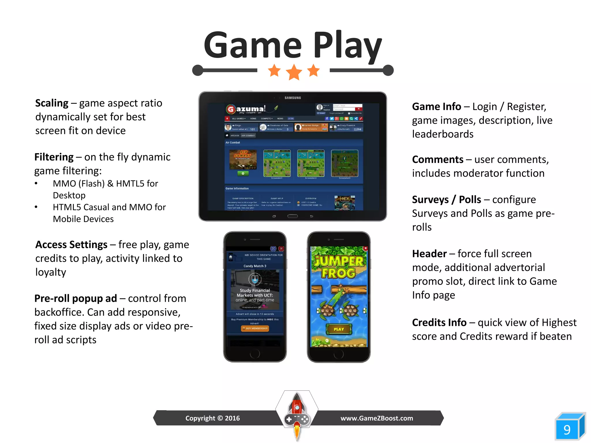 Header – force full screen
mode, additional advertorial
promo slot, direct link to Game
Info page
Surveys / Polls – configure
Surveys and Polls as game pre-
rolls
Pre-roll popup ad – control from
backoffice. Can add responsive,
fixed size display ads or video pre-
roll ad scripts
Scaling – game aspect ratio
dynamically set for best
screen fit on device
9
Game Play
Game Info – Login / Register,
game images, description, live
leaderboards
Comments – user comments,
includes moderator function
Credits Info – quick view of Highest
score and Credits reward if beaten
www.GameZBoost.comCopyright © 2016
Filtering – on the fly dynamic
game filtering:
• MMO (Flash) & HMTL5 for
Desktop
• HTML5 Casual and MMO for
Mobile Devices
Access Settings – free play, game
credits to play, activity linked to
loyalty
 