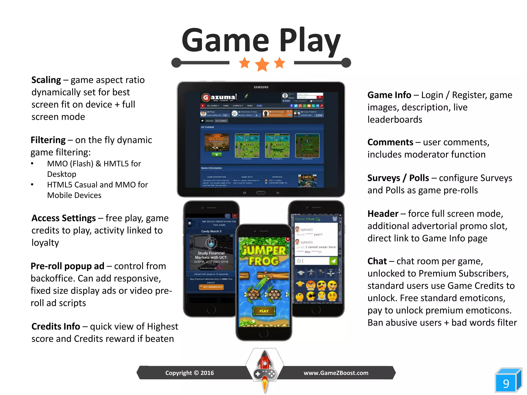 Header – force full screen mode,
additional advertorial promo slot,
direct link to Game Info page
Surveys / Polls – configure Surveys
and Polls as game pre-rolls
Pre-roll popup ad – control from
backoffice. Can add responsive,
fixed size display ads or video pre-
roll ad scripts
Scaling – game aspect ratio
dynamically set for best
screen fit on device + full
screen mode
9
Game Play
Game Info – Login / Register, game
images, description, live
leaderboards
Comments – user comments,
includes moderator function
Credits Info – quick view of Highest
score and Credits reward if beaten
www.GameZBoost.comCopyright © 2016
Filtering – on the fly dynamic
game filtering:
• MMO (Flash) & HMTL5 for
Desktop
• HTML5 Casual and MMO for
Mobile Devices
Access Settings – free play, game
credits to play, activity linked to
loyalty
Chat – chat room per game,
unlocked to Premium Subscribers,
standard users use Game Credits to
unlock. Free standard emoticons,
pay to unlock premium emoticons.
Ban abusive users + bad words filter
 