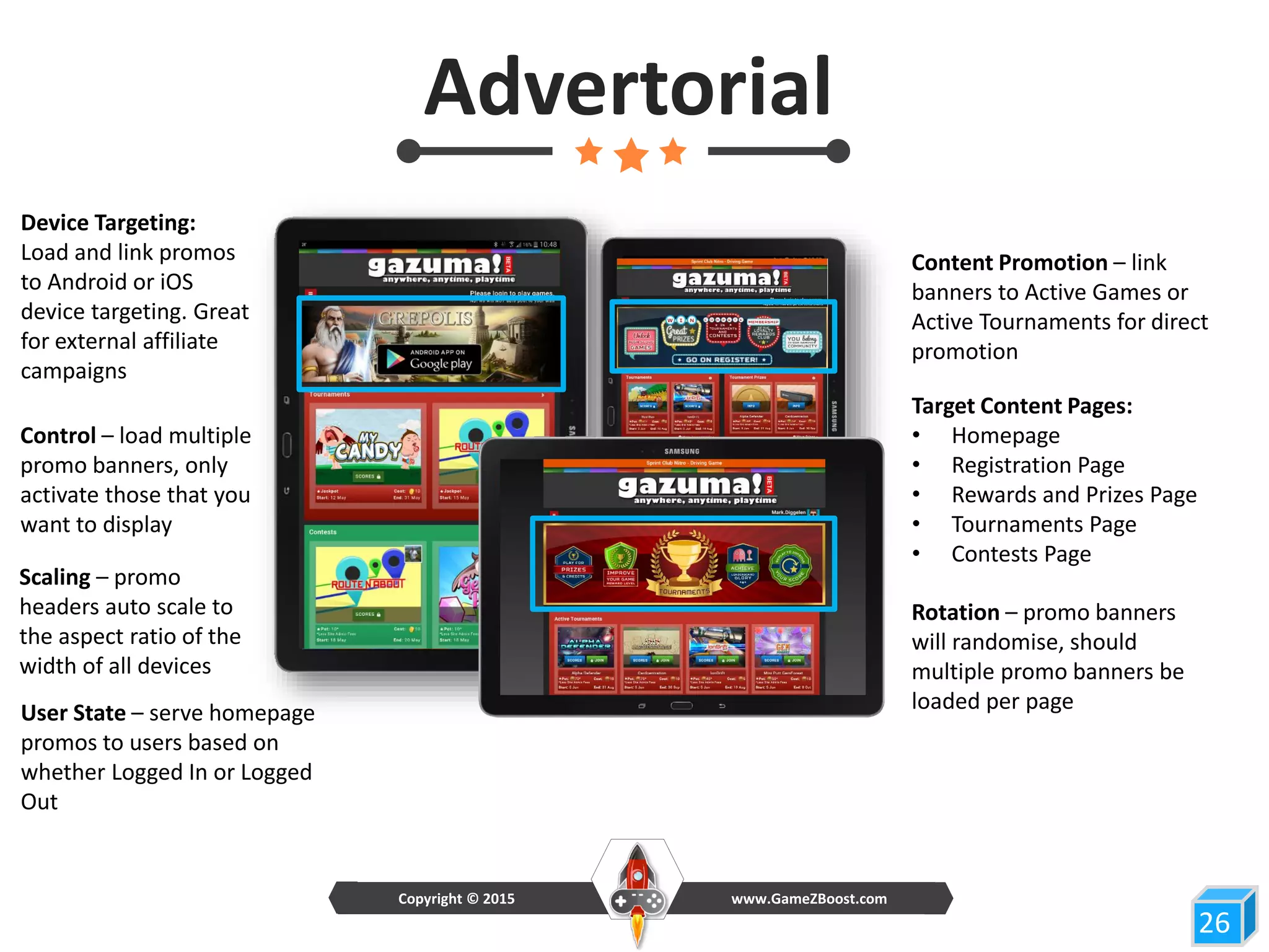 Control – load multiple
promo banners, only
activate those that you
want to display
26
Advertorial
Device Targeting:
Load and link promos
to Android or iOS
device targeting. Great
for external affiliate
campaigns
Target Content Pages:
• Homepage
• Registration Page
• Rewards and Prizes Page
• Tournaments Page
• Contests Page
Rotation – promo banners
will randomise, should
multiple promo banners be
loaded per page
Content Promotion – link
banners to Active Games or
Active Tournaments for direct
promotion
Scaling – promo
headers auto scale to
the aspect ratio of the
width of all devices
User State – serve homepage
promos to users based on
whether Logged In or Logged
Out
www.GameZBoost.comCopyright © 2015
 