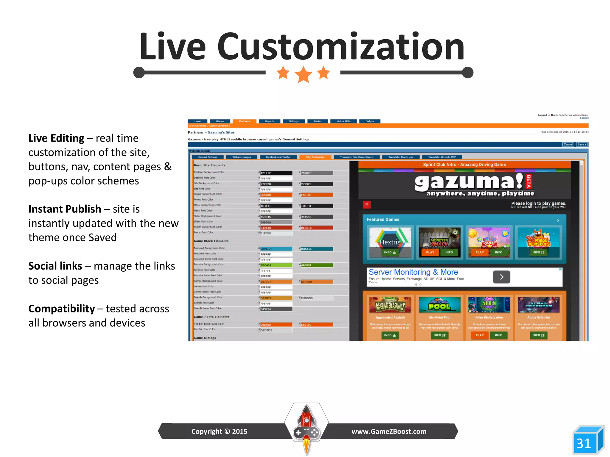 Instant Publish – site is
instantly updated with the new
theme once Saved
Live Editing – real time
customization of the site,
buttons, nav, content pages &
pop-ups color schemes
31
Live Customization
Social links – manage the links
to social pages
Compatibility – tested across
all browsers and devices
www.GameZBoost.comCopyright © 2015
 