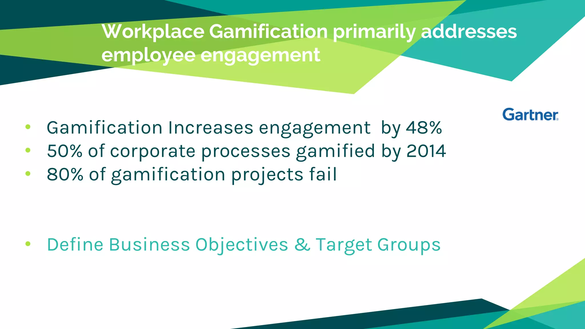 • Gamification Increases engagement by 48%
• 50% of corporate processes gamified by 2014
• 80% of gamification projects fail
• Define Business Objectives & Target Groups
Workplace Gamification primarily addresses
employee engagement
 