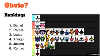 Óbvio?
Rankings
1. Daniel
2. Rafael
3. Lucas
4. Thiago
5. Juliana
6. Ramiro
 