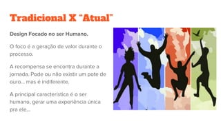 Tradicional X “Atual”
Design Focado no ser Humano.
O foco é a geração de valor durante o
processo.
A recompensa se encontra durante a
jornada. Pode ou não existir um pote de
ouro… mas é indiferente.
A principal característica é o ser
humano, gerar uma experiência única
pra ele...
 