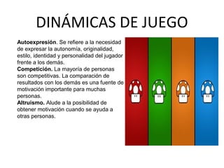 DINÁMICAS DE JUEGO 
Autoexpresión. Se refiere a la necesidad 
de expresar la autonomía, originalidad, 
estilo, identidad y personalidad del jugador 
frente a los demás. 
Competición. La mayoría de personas 
son competitivas. La comparación de 
resultados con los demás es una fuente de 
motivación importante para muchas 
personas. 
Altruismo. Alude a la posibilidad de 
obtener motivación cuando se ayuda a 
otras personas. 
 