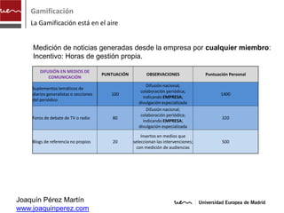 Gamificación
    La Gamificación está en el aire


    Medición de noticias generadas desde la empresa por cualquier miembro:
    Incentivo: Horas de gestión propia.

        DIFUSIÓN EN MEDIOS DE
                                       PUNTUACIÓN         OBSERVACIONES               Puntuación Personal
            COMUNICACIÓN
                                                          Difusión nacional;
    Suplementos temáticos de
                                                       colaboración periódica;
    diarios generalistas o secciones      100                                                1400
                                                        indicando EMPRESA;
    del periódico
                                                      divulgación especializada
                                                          Difusión nacional;
                                                       colaboración periódica;
    Foros de debate de TV o radio          80                                                320
                                                        indicando EMPRESA;
                                                      divulgación especializada

                                                        Insertos en medios que
    Blogs de referencia no propios         20       seleccionan las intervenciones;          500
                                                      con medición de audiencias




Joaquín Pérez Martín
www.joaquinperez.com
 
