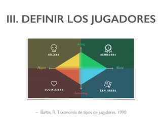 III. DEFINIR LOS JUGADORES!
– Bartle, R. Taxonomía de tipos de jugadores. 1990
 