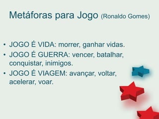 Metáforas para Jogo (Ronaldo Gomes)
• JOGO É VIDA: morrer, ganhar vidas.
• JOGO É GUERRA: vencer, batalhar,
conquistar, inimigos.
• JOGO É VIAGEM: avançar, voltar,
acelerar, voar.
 