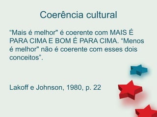 Coerência cultural
“Mais é melhor" é coerente com MAIS É
PARA CIMA E BOM É PARA CIMA. “Menos
é melhor" não é coerente com esses dois
conceitos”.
Lakoff e Johnson, 1980, p. 22
 