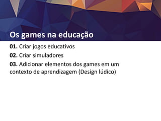 Os games na educação
01. Criar jogos educativos
02. Criar simuladores
03. Adicionar elementos dos games em um
contexto de aprendizagem (Design lúdico)
 