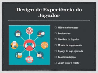 Design de Experiência do
Jogador
Métricas de sucesso
Público-alvo
Objetivos do Jogador
Modelo de engajamento
Espaço do jogo e jornada
Economia do jogo
Jogar, testar e repetir
 