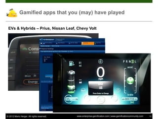 Gamified apps that you (may) have played

 EVs & Hybrids – Prius, Nissan Leaf, Chevy Volt




© 2012 Mario Herger. All rights reserved.   www.enterprise-gamification.com | www.gamificationcommunity.com   12
 