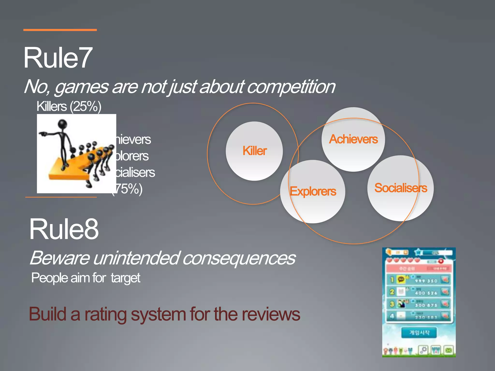 Rule7
No, games are not just about competition
  Killers (25%)

              Achievers                      Achievers
              Explorers      Killer
              Socialisers
                (75%)                 Explorers      Socialisers


Rule8
Beware unintended consequences
 People aim for target

Build a rating system for the reviews
 