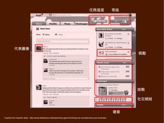 任務進度                  等級




          代表圖像
                                                                                                                     獎勵




                                                                                                                     挑戰

                                                                                                                     社交網絡


                                                                                                                徽章
Copied from kwerb's slide - http://www.slideshare.net/kwerb/how-game-thinking-can-revolutionize-your-business
 