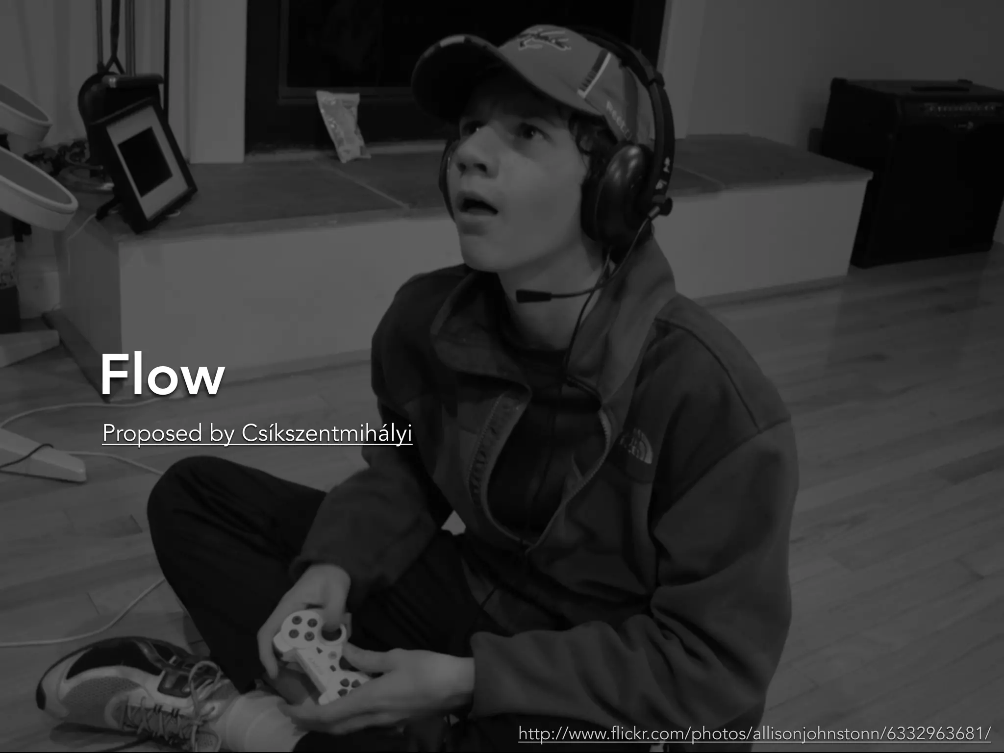 Flow
http://www.flickr.com/photos/allisonjohnstonn/6332963681/
Proposed by Csíkszentmihályi
 