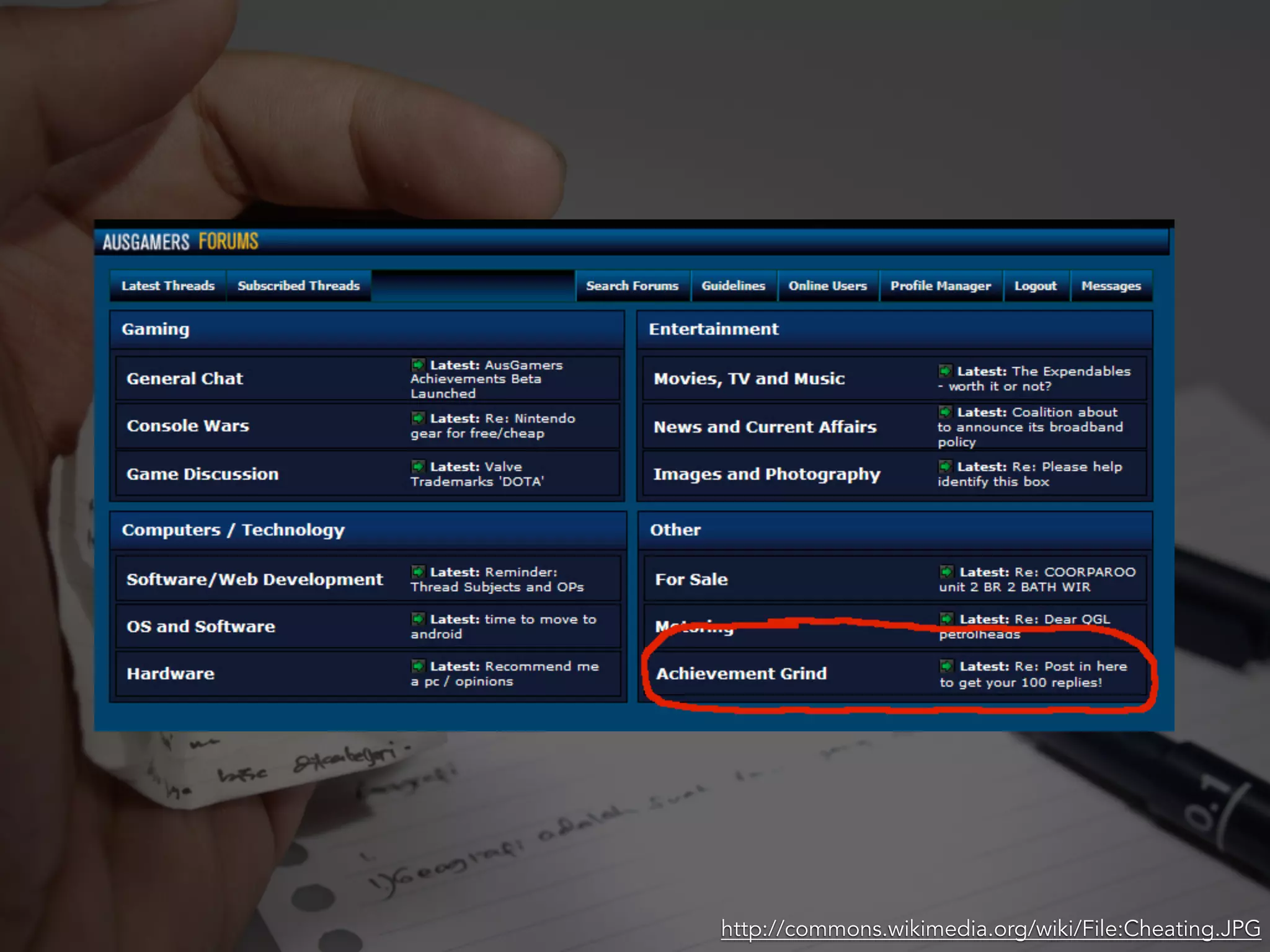 Cheating
http://commons.wikimedia.org/wiki/File:Cheating.JPG
 