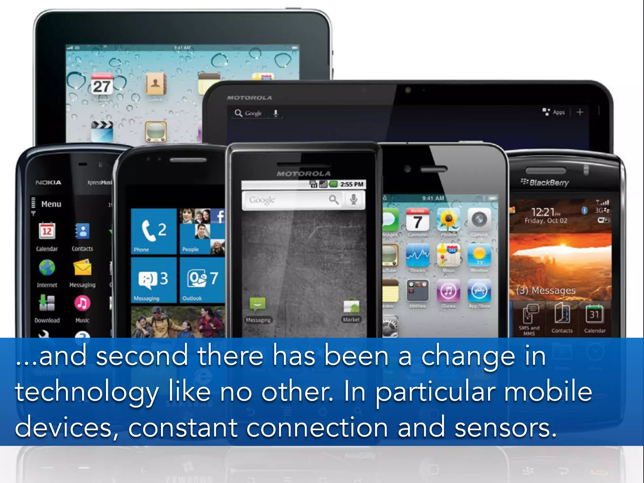 ...and second there has been a change in
technology like no other. In particular mobile
devices, constant connection and sensors.
 