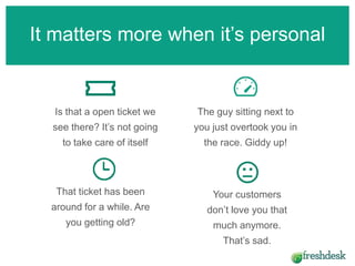 The guy sitting next to
you just overtook you in
the race. Giddy up!
It matters more when it’s personal
Your customers
don’t love you that
much anymore.
That’s sad.
That ticket has been
around for a while. Are
you getting old?
Is that a open ticket we
see there? It’s not going
to take care of itself
 
