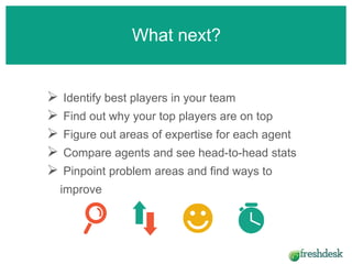  Identify best players in your team
 Find out why your top players are on top
 Figure out areas of expertise for each agent
 Compare agents and see head-to-head stats
 Pinpoint problem areas and find ways to
improve
What next?
 