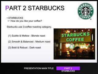 PART 2 STARBUCKS
• STARBUCKS
☞ How do you like your coffee?
Starbucks use 3-coffee roasting category.

(1) Subtle & Mellow : Blonde roast
(2) Smooth & Balanced : Medium roast
(3) Bold & Robust : Dark roast

PRESENTATION MAIN TITLE

PART 2
STARBUCKS

 