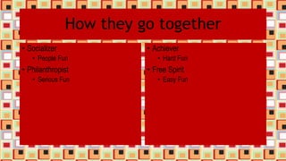 How they go together
• Socializer
• People Fun
• Philanthropist
• Serious Fun
• Achiever
• Hard Fun
• Free Spirit
• Easy Fun
 