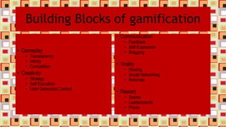Building Blocks of gamification
• Gameplay
• Transparency
• Infinity
• Competition
• Creativity
• Strategy
• Self-Education
• User Generated Content
• Communication
• Feedback
• Self-Expression
• Bragging
• Virality
• Sharing
• Social Networking
• Referrals
• Reward
• Scores
• Leaderboards
• Prizes
 