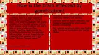 How is the brain affected by
gamification?
• “When an animal, be it fish or human, wins
a contest, there is a large release of
testosterone and dopamine into their
brain. Over time this changes their brains
structure and chemical makeup, making
them smarter, more confident and able to
take on larger challenges than
before. Cognitive neuroscientist Ian
Robertson explains that “success and
failure shapes us more powerfully than
powerfully than genetics and drugs.”
drugs.” Nurture changes nature.”
http://www.gamification.co/2014/02/21/the-winner-effect/
• Strengthens brain cell connections
underlying memory and learning
• Improves ability to reason and solve new
problems independently of previously
acquired knowledge.
• Can improve peripheral vision, way-finding
skills, hand-eye coordination and mental
rotation.
 