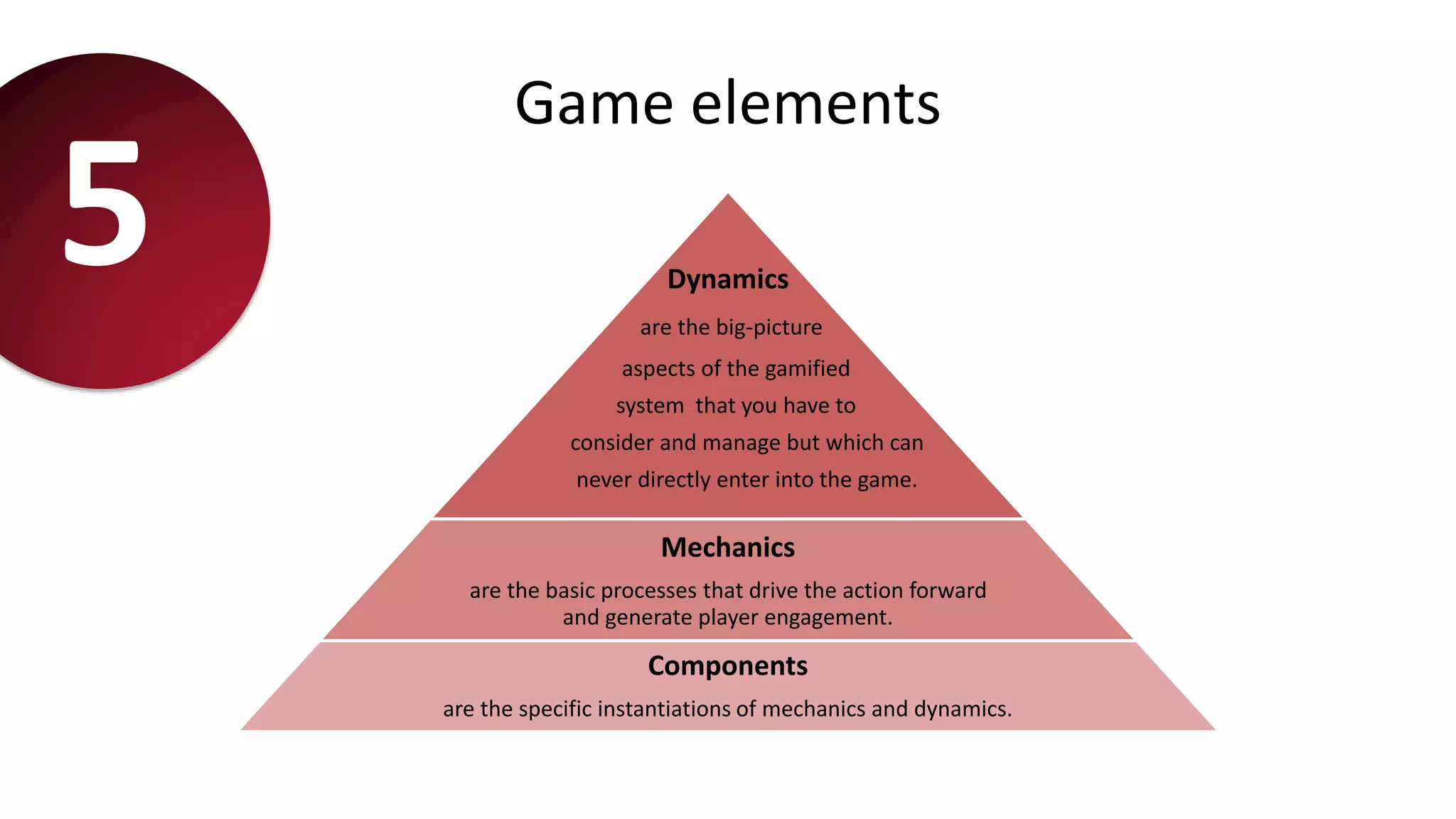 Game elements
Dynamics
are the big-picture
aspects of the gamified
system that you have to
consider and manage but which can
never directly enter into the game.
Mechanics
are the basic processes that drive the action forward
and generate player engagement.
Components
are the specific instantiations of mechanics and dynamics.
5
 