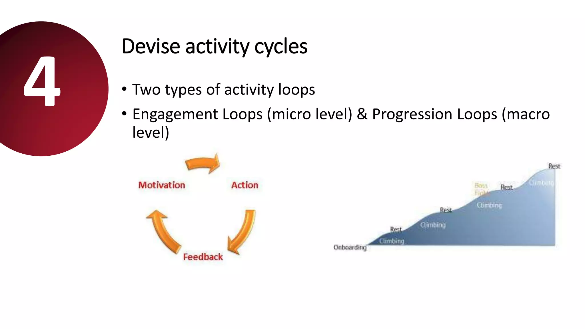 Devise activity cycles
• Two types of activity loops
• Engagement Loops (micro level) & Progression Loops (macro
level)
4
 
