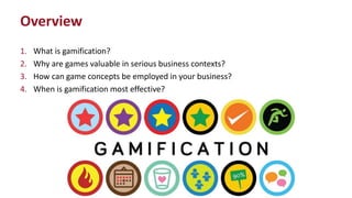 1. What is gamification?
2. Why are games valuable in serious business contexts?
3. How can game concepts be employed in your business?
4. When is gamification most effective?
Overview
 